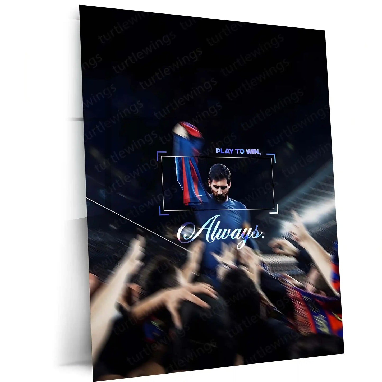 Quote Metal Poster | Lionel Messi – Play to Win, Always Metal Frame | Champion Mentality Football Wall Art | Elite Performance Quote Metal Poster - TURTLEWINGS 