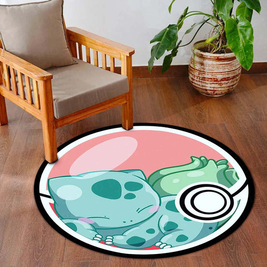 Bulbasaur Poké Ball Round Flat Rug | Cute Pokémon Inspired Floor Mat | Anime Anti-Slip 3 mm Absorbent Circle Flat Rug for Bedroom, Gaming Room & Kids Room