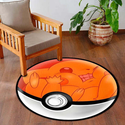 Sleeping Charmander Poké Ball Round Flat Rug | Cute Pokémon Inspired Floor Mat | Anime Anti-Slip 3 mm Absorbent Circle Flat Rug for Bedroom, Gaming Room & Kids Room