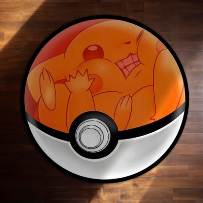 Sleeping Charmander Poké Ball Round Flat Rug | Cute Pokémon Inspired Floor Mat | Anime Anti-Slip 3 mm Absorbent Circle Flat Rug for Bedroom, Gaming Room & Kids Room