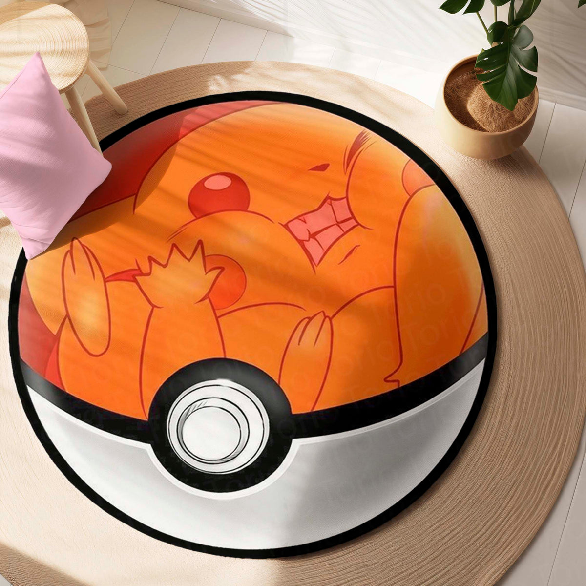 Sleeping Charmander Poké Ball Round Flat Rug | Cute Pokémon Inspired Floor Mat | Anime Anti-Slip 3 mm Absorbent Circle Flat Rug for Bedroom, Gaming Room & Kids Room