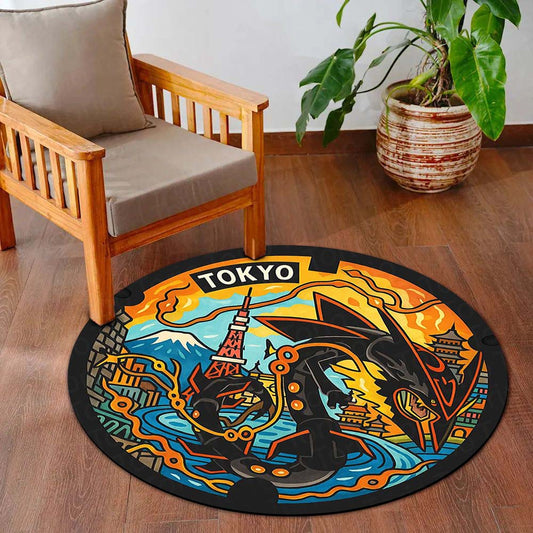 Tokyo Rayquaza Pokémon Manhole Cover Round Flat Rug | Japanese Anime Floor Mat | Anti-Slip 3 mm Absorbent Circle Flat Rug for Gaming Room, Bedroom & Pokémon Fans