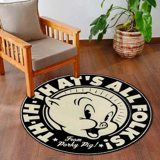 That's All Folks Porky Pig Round Flat Rug | Vintage Cartoon Inspired Anti-Slip Floor Mat | Classic Black & White 3 mm Absorbent Circle Flat Rug for Bedroom, Gaming Room & Cartoon Fans