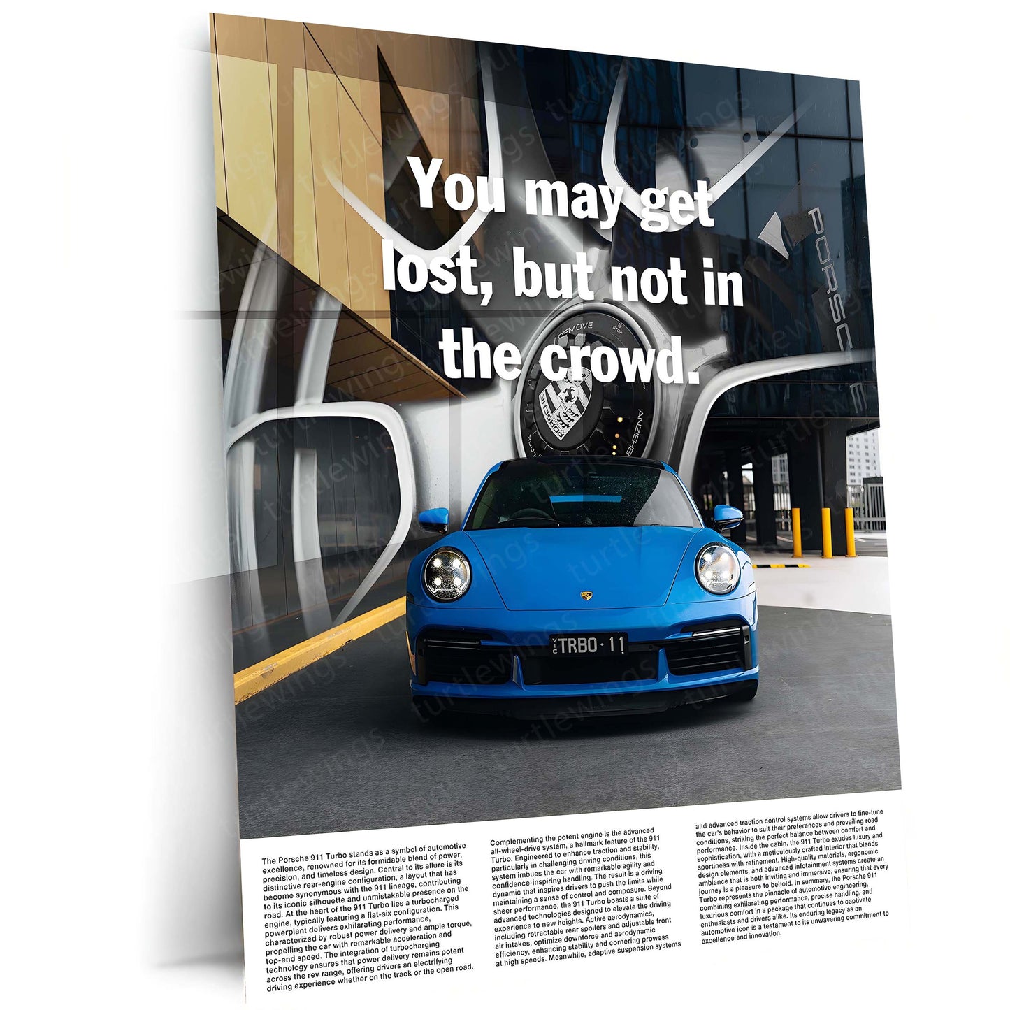 Car Metal Poster | Porsche 911 Turbo – Blue Edition | Luxury Supercar Metal Frame | Modern Automotive Wall Art