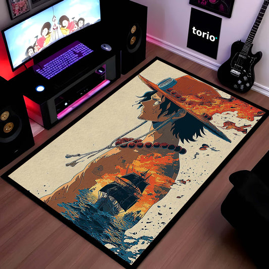 One Piece Ace Fire Fist Area Flat Rug | Portgas D. Ace Pirate Ship Floor Mat | Anime Flame Aesthetic Flat Rug | Torio Otaku Room Decor Carpet for Gaming Setup & Bedroom