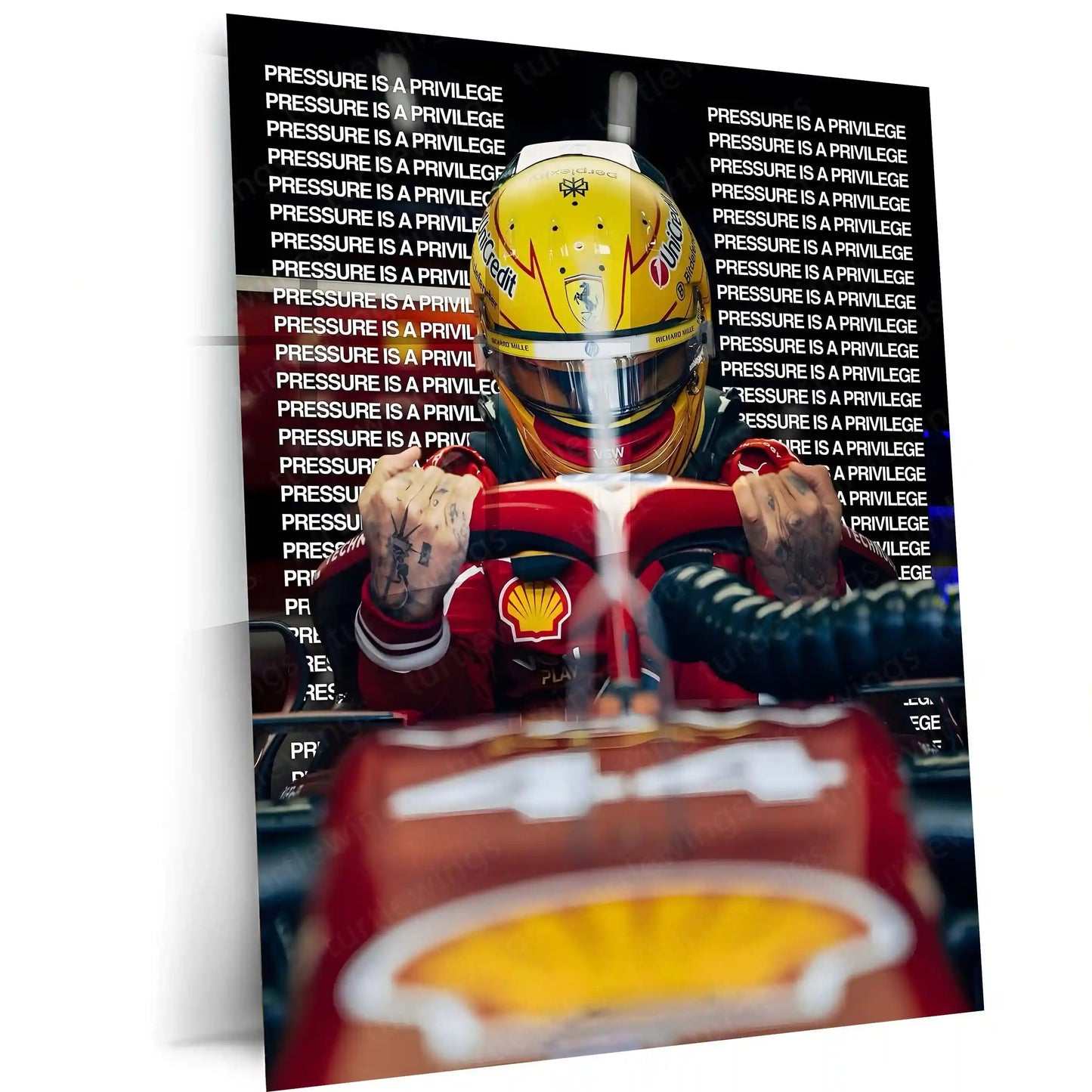 Quote Metal Poster | Lewis Hamilton – Pressure Is a Privilege Metal Frame Champion Mindset & Formula 1 Legacy Quote Wall Art | Elite Performance Motorsport Metal Poster - TURTLEWINGS