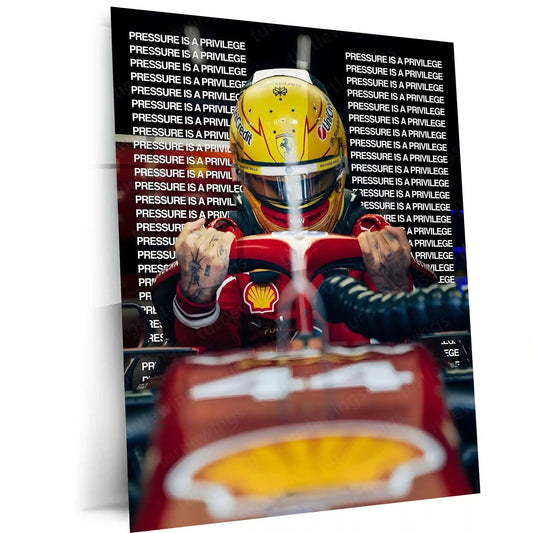 Quote Metal Poster | Lewis Hamilton – Pressure Is a Privilege Metal Frame Champion Mindset & Formula 1 Legacy Quote Wall Art | Elite Performance Motorsport Metal Poster - TURTLEWINGS