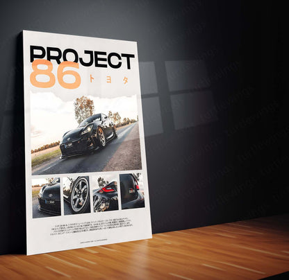 Car Metal Poster | Project 86 – Toyota GR86 Edition | JDM Performance Metal Frame | Automotive Wall Art