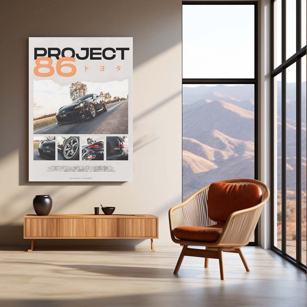 Car Metal Poster | Project 86 – Toyota GR86 Edition | JDM Performance Metal Frame | Automotive Wall Art