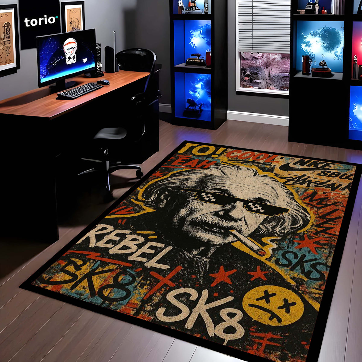 Rebel Sk8 Albert Einstein Area Flat Rug | Graffiti Pop Art Floor Mat | Fun Science Nerd Decor Flat Rug | Torio Urban Skateboard Carpet for Gaming Setup, Bedroom & Office