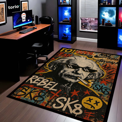 Rebel Sk8 Albert Einstein Area Flat Rug | Graffiti Pop Art Floor Mat | Fun Science Nerd Decor Flat Rug | Torio Urban Skateboard Carpet for Gaming Setup, Bedroom & Office