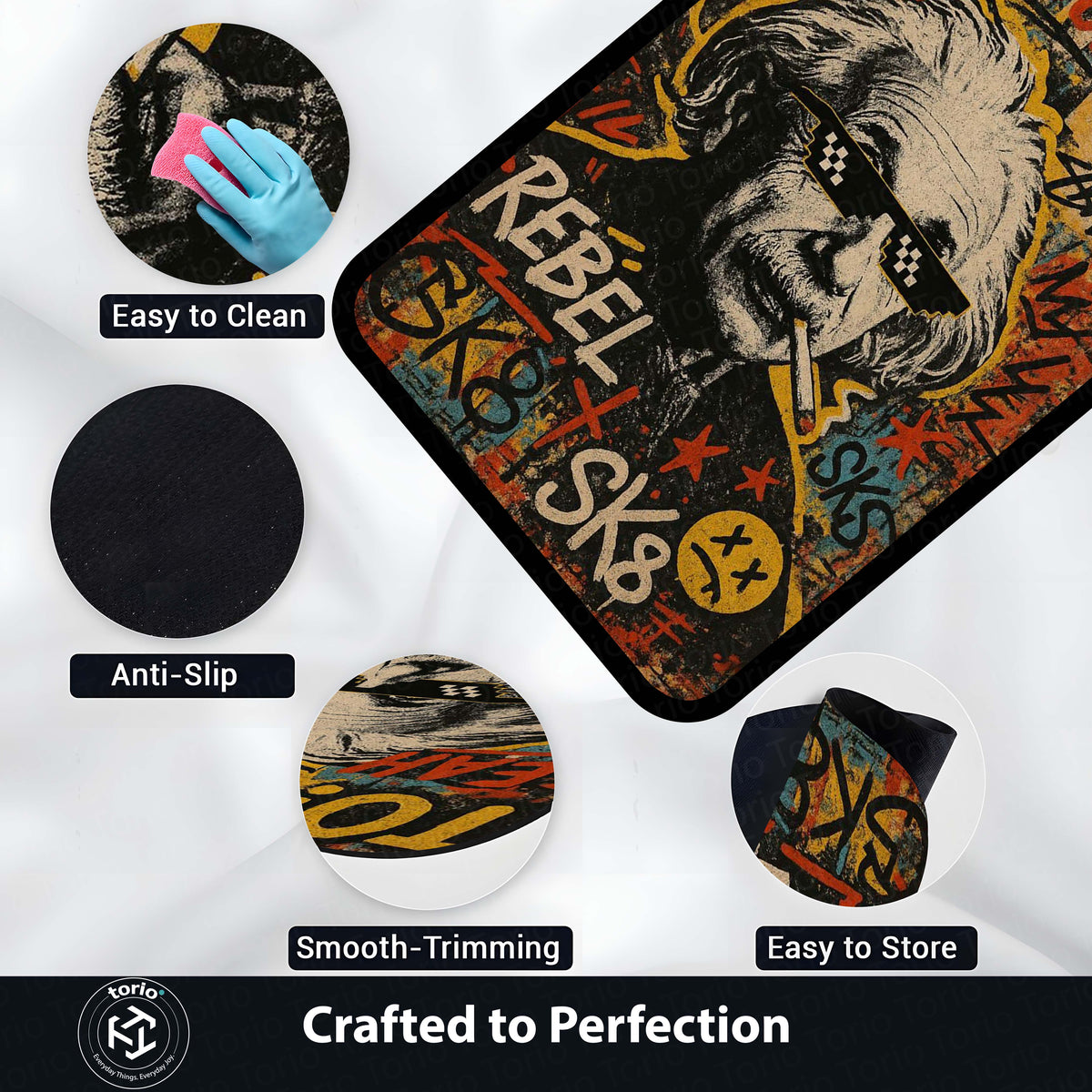 Rebel Sk8 Albert Einstein Area Flat Rug | Graffiti Pop Art Floor Mat | Fun Science Nerd Decor Flat Rug | Torio Urban Skateboard Carpet for Gaming Setup, Bedroom & Office