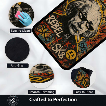 Rebel Sk8 Albert Einstein Area Flat Rug | Graffiti Pop Art Floor Mat | Fun Science Nerd Decor Flat Rug | Torio Urban Skateboard Carpet for Gaming Setup, Bedroom & Office