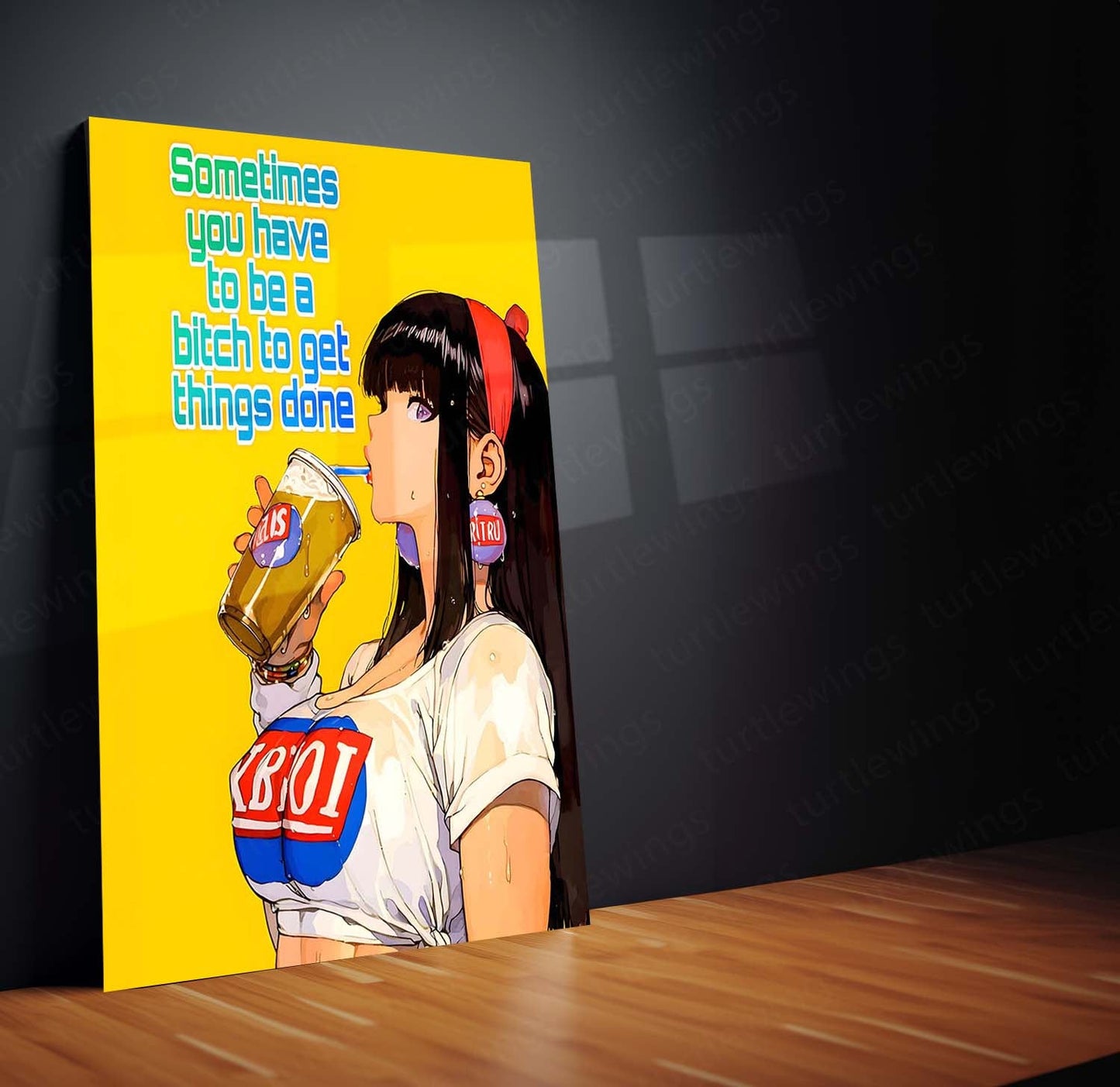 Red Hairband Girl with a Soda Drink – Bold Attitude Metal Frame