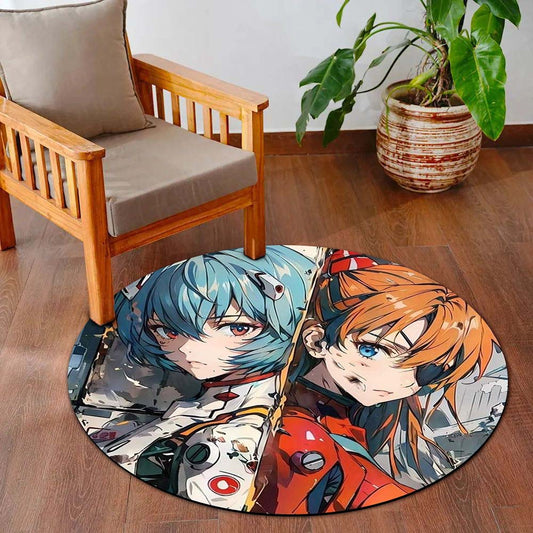 Rei Ayanami & Asuka Langley Anime Round Flat Rug | Evangelion Inspired Floor Mat | Anti-Slip 3 mm Absorbent Circle Flat Rug for Bedroom, Gaming Room & Anime Decor