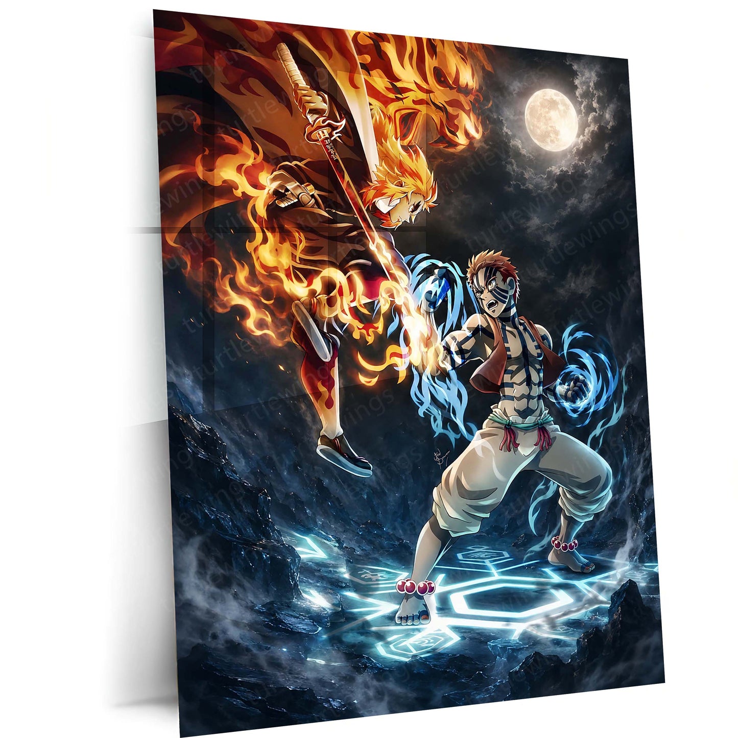 Rengoku vs Akaza Metal Poster | Demon Slayer Epic Battle Wall Art  Flame Hashira vs Upper Moon Three Anime Metal Frame