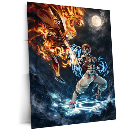 Rengoku vs Akaza Metal Poster | Demon Slayer Epic Battle Wall Art  Flame Hashira vs Upper Moon Three Anime Metal Frame