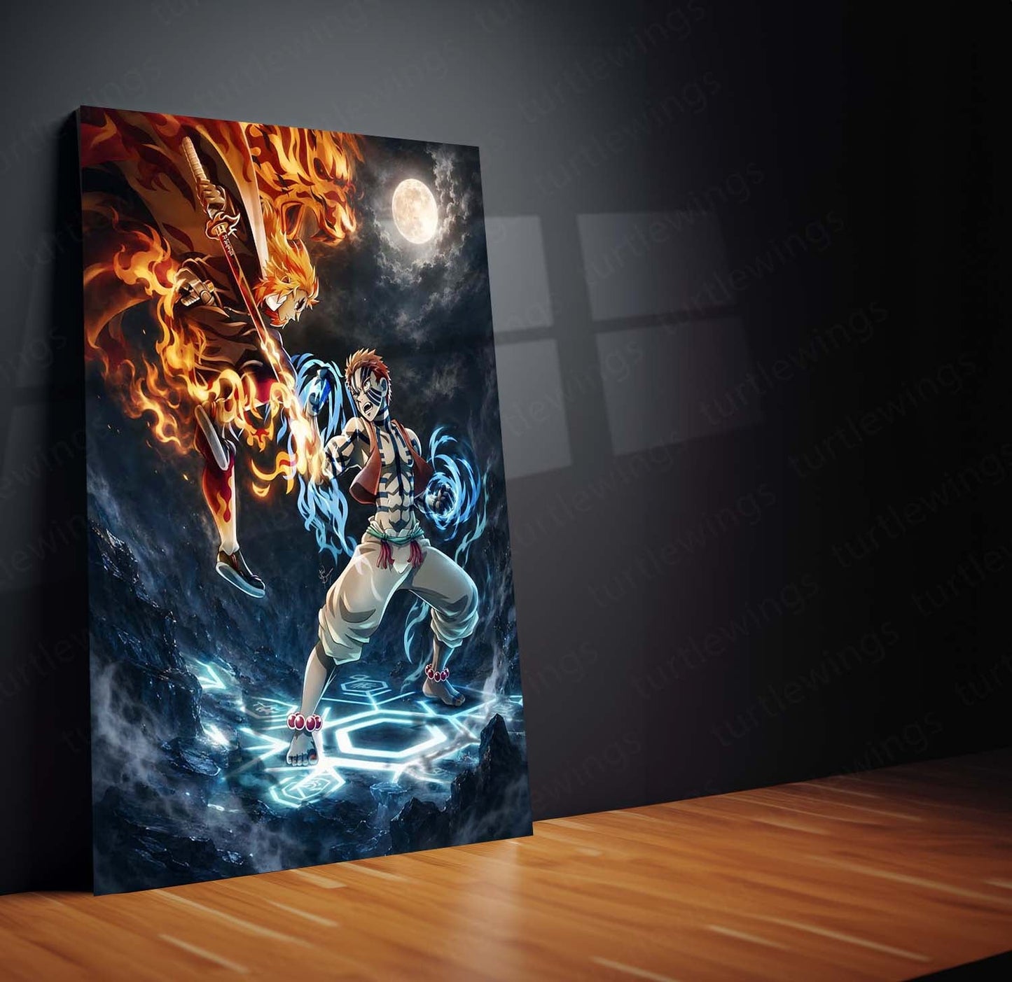Rengoku vs Akaza Metal Poster | Demon Slayer Epic Battle Wall Art  Flame Hashira vs Upper Moon Three Anime Metal Frame