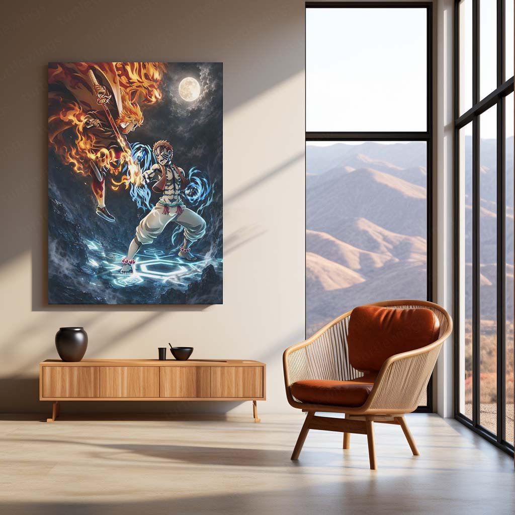 Rengoku vs Akaza Metal Poster | Demon Slayer Epic Battle Wall Art  Flame Hashira vs Upper Moon Three Anime Metal Frame