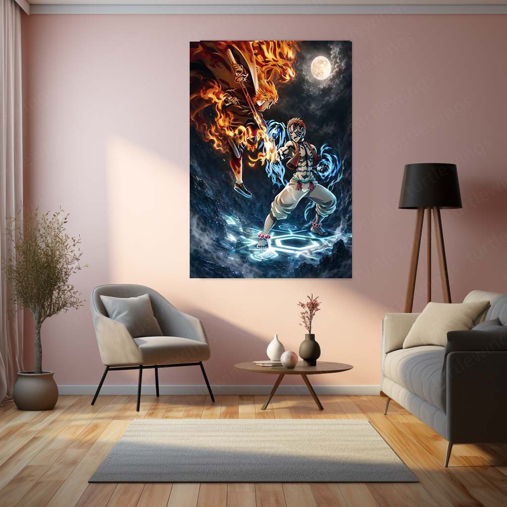 Rengoku vs Akaza Metal Poster | Demon Slayer Epic Battle Wall Art  Flame Hashira vs Upper Moon Three Anime Metal Frame