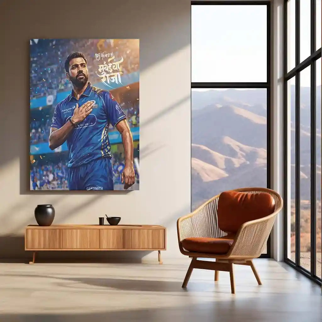 Cricket Metal Poster | Rohit Sharma Mumbai Indians Metal Poster | 15 Years Mumbai Raja Wall Art | IPL Cricket Legend Frame - TURTLEWINGS
