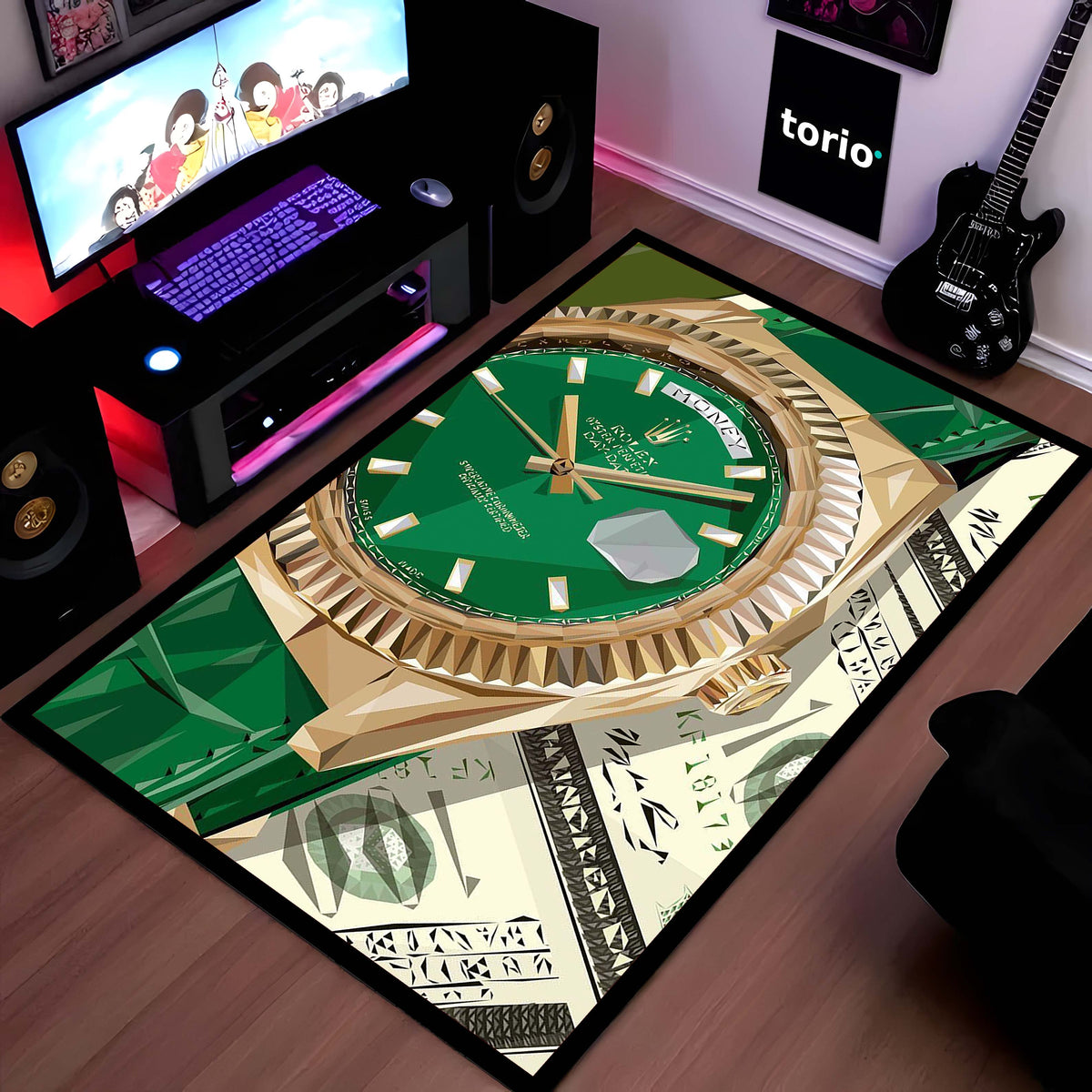 Luxury Green Dial Watch Area Flat Rug | Emerald Luxury Timepiece Inspired Area Flat Rug | Premium Watch Collector Room Floor Decor