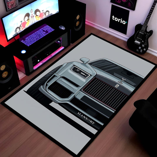 Rolls Royce Mansory Luxury Car Area Flat Rug | Super SUV Front Grill Artwork Floor Mat | Premium Automotive Gaming Flat Rug for Bedroom, Garage, Office & Car Enthusiasts