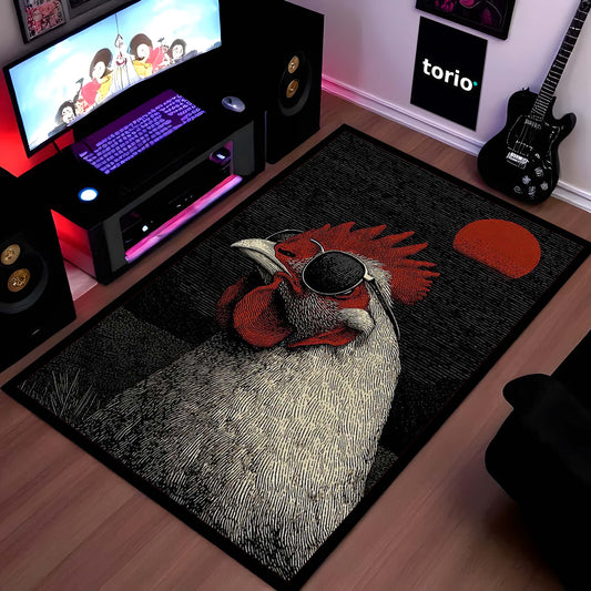 Cool Rooster in Sunglasses Area Flat Rug | Vibrant Pop Art Bird Floor Mat | Quirky Modern Animal Flat Rug | Torio Fun Home Decor Carpet for Gaming Setup, Bedroom & Kitchen