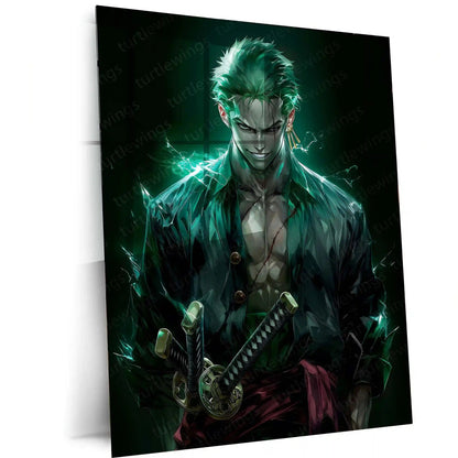 Anime Metal Poster | Roronoa Zoro Metal Poster | One Piece Anime Wall Art | Three Sword Style Zoro Frame | Anime Room Decor - TURTLEWINGS