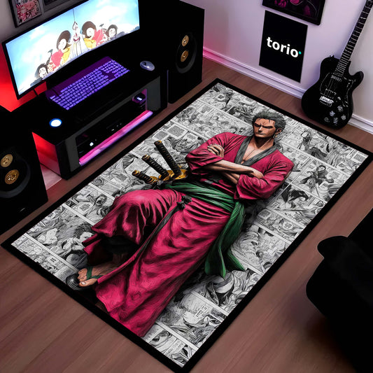 Roronoa Zoro Oni Giri Area Flat Rug | One Piece Three-Sword Style Floor Mat | Zoro Haki Glow Anime Flat Rug | Torio Gaming Room Decor Carpet for Bedroom, Studio & Living Room