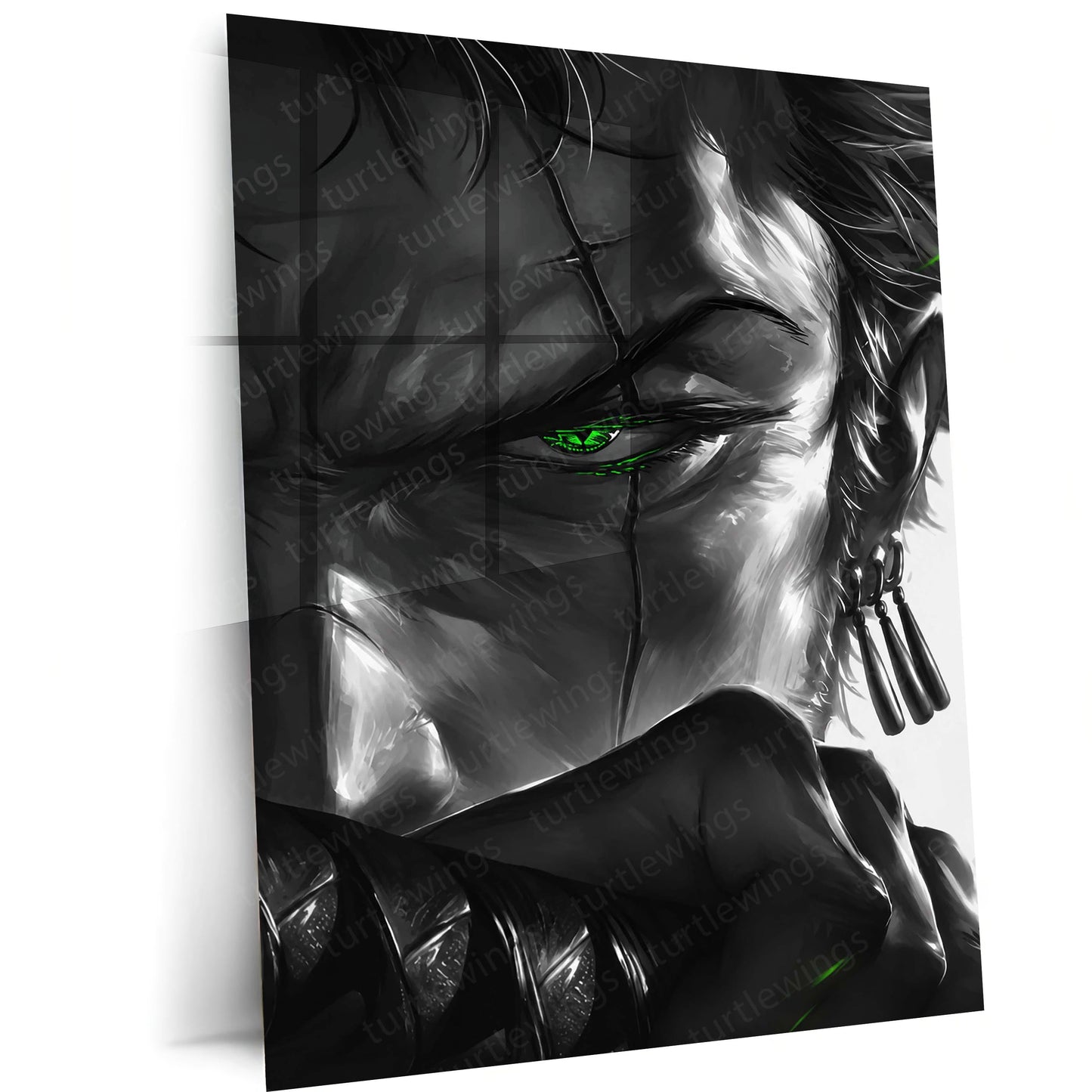 Anime Metal Poster | One Piece Metal Poster | Roronoa Zoro Monochrome Warrior Wall Art | Epic Swordsman Anime Metal Frame