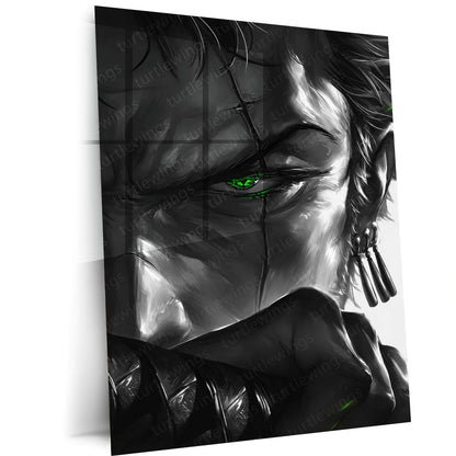 Anime Metal Poster | One Piece Metal Poster | Roronoa Zoro Monochrome Warrior Wall Art | Epic Swordsman Anime Metal Frame