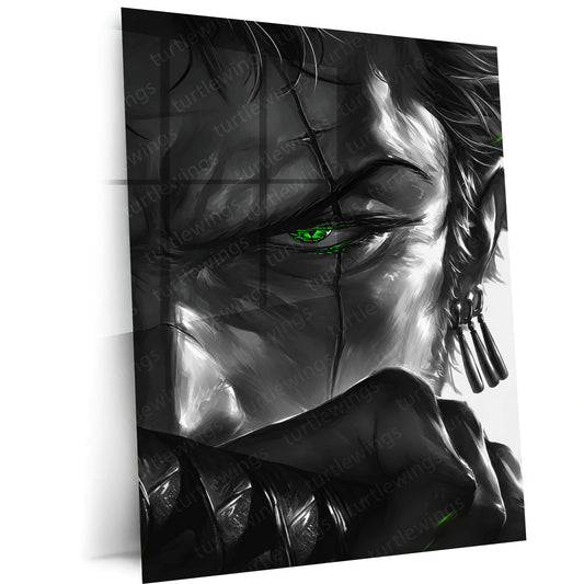 Anime Metal Poster | One Piece Metal Poster | Roronoa Zoro Monochrome Warrior Wall Art | Epic Swordsman Anime Metal Frame