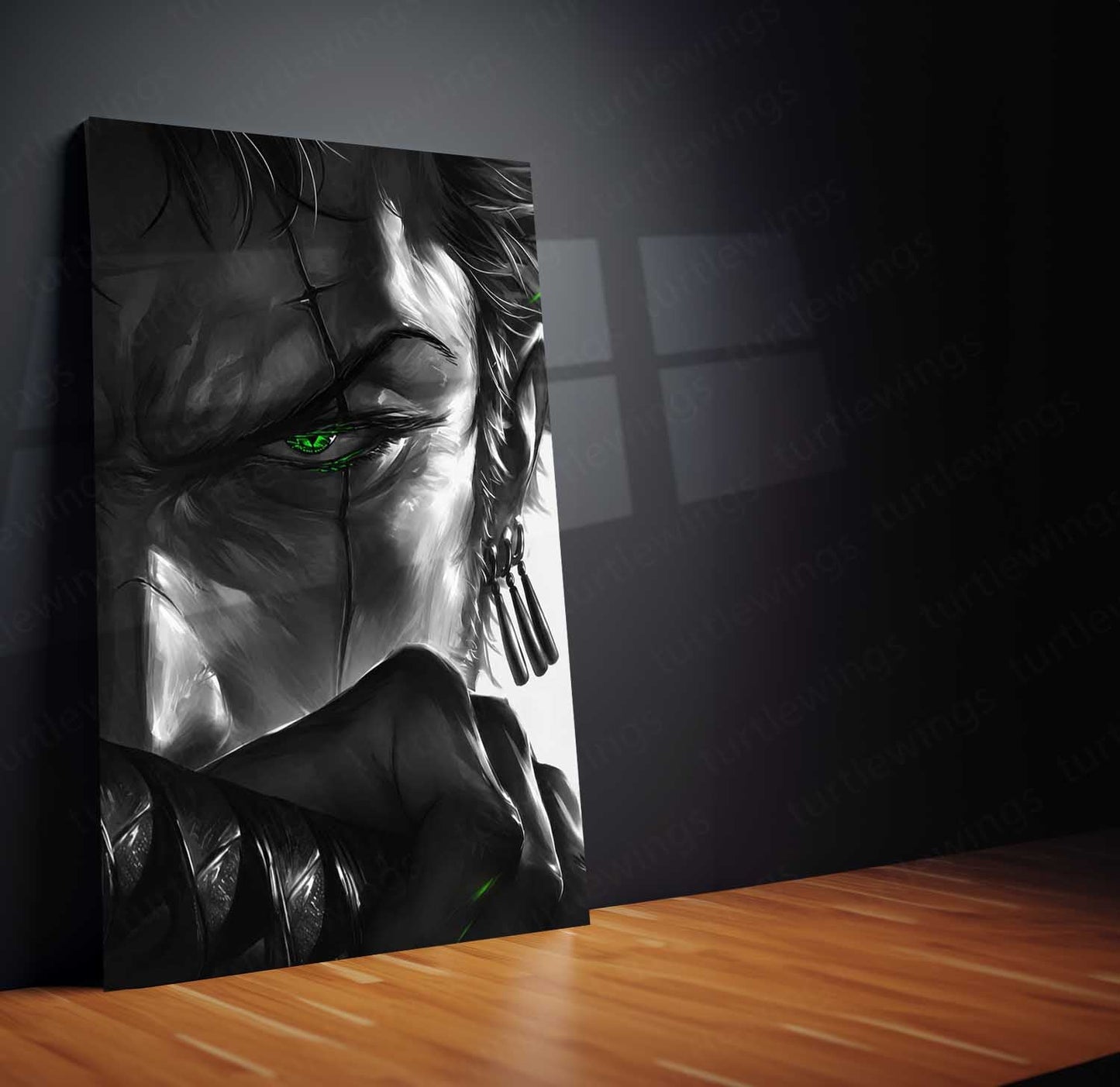 Anime Metal Poster | One Piece Metal Poster | Roronoa Zoro Monochrome Warrior Wall Art | Epic Swordsman Anime Metal Frame