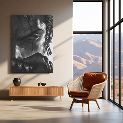 Anime Metal Poster | One Piece Metal Poster | Roronoa Zoro Monochrome Warrior Wall Art | Epic Swordsman Anime Metal Frame