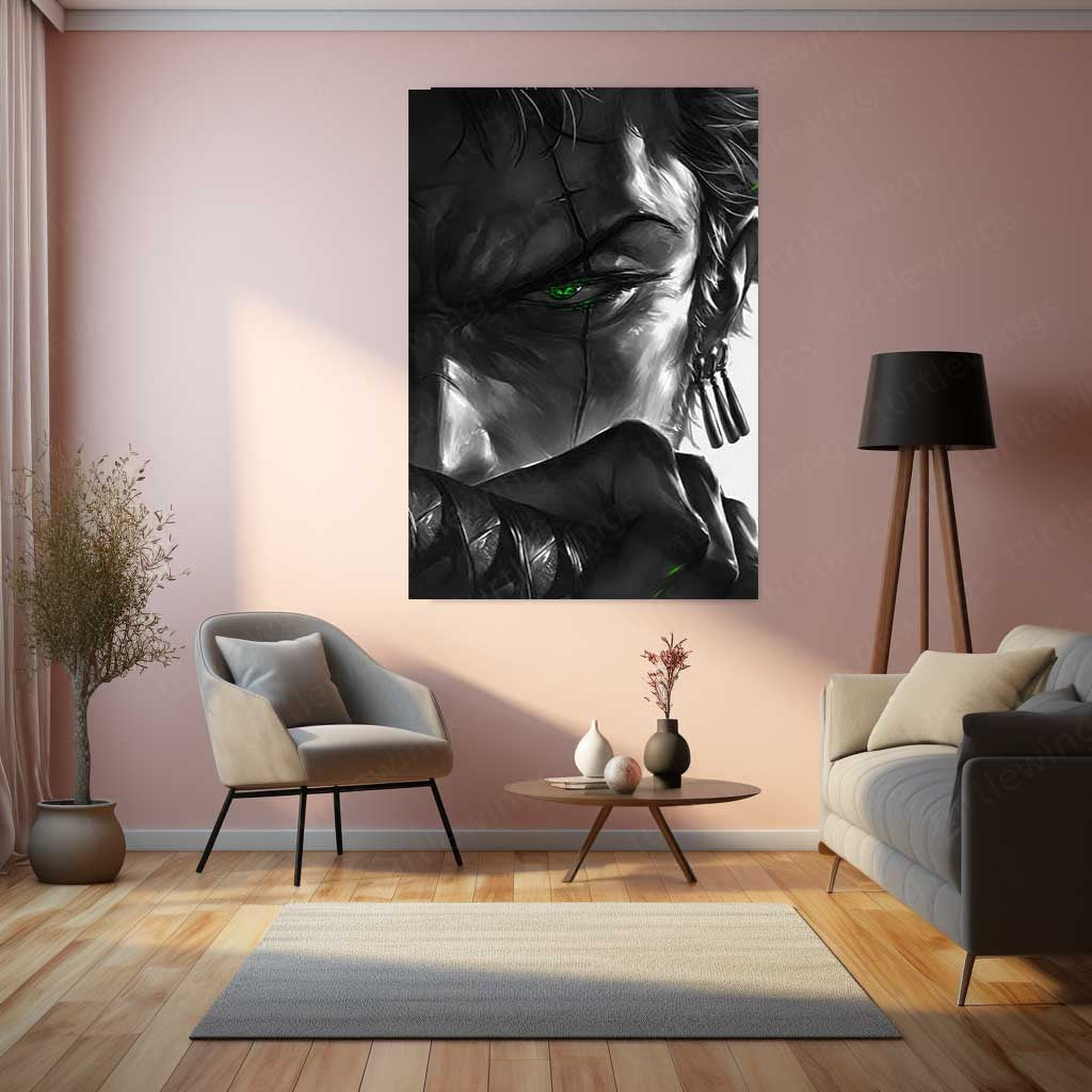 Anime Metal Poster | One Piece Metal Poster | Roronoa Zoro Monochrome Warrior Wall Art | Epic Swordsman Anime Metal Frame