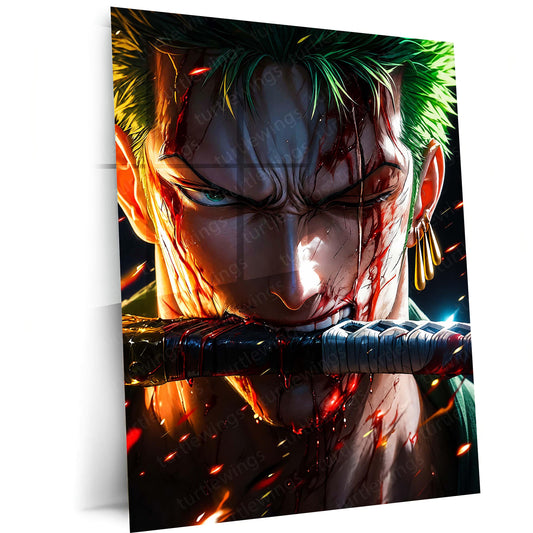 Anime Metal Poster | One Piece Metal Poster | Battle-Worn Roronoa Zoro Wall Art | Epic Three Sword Style Anime Metal Frame
