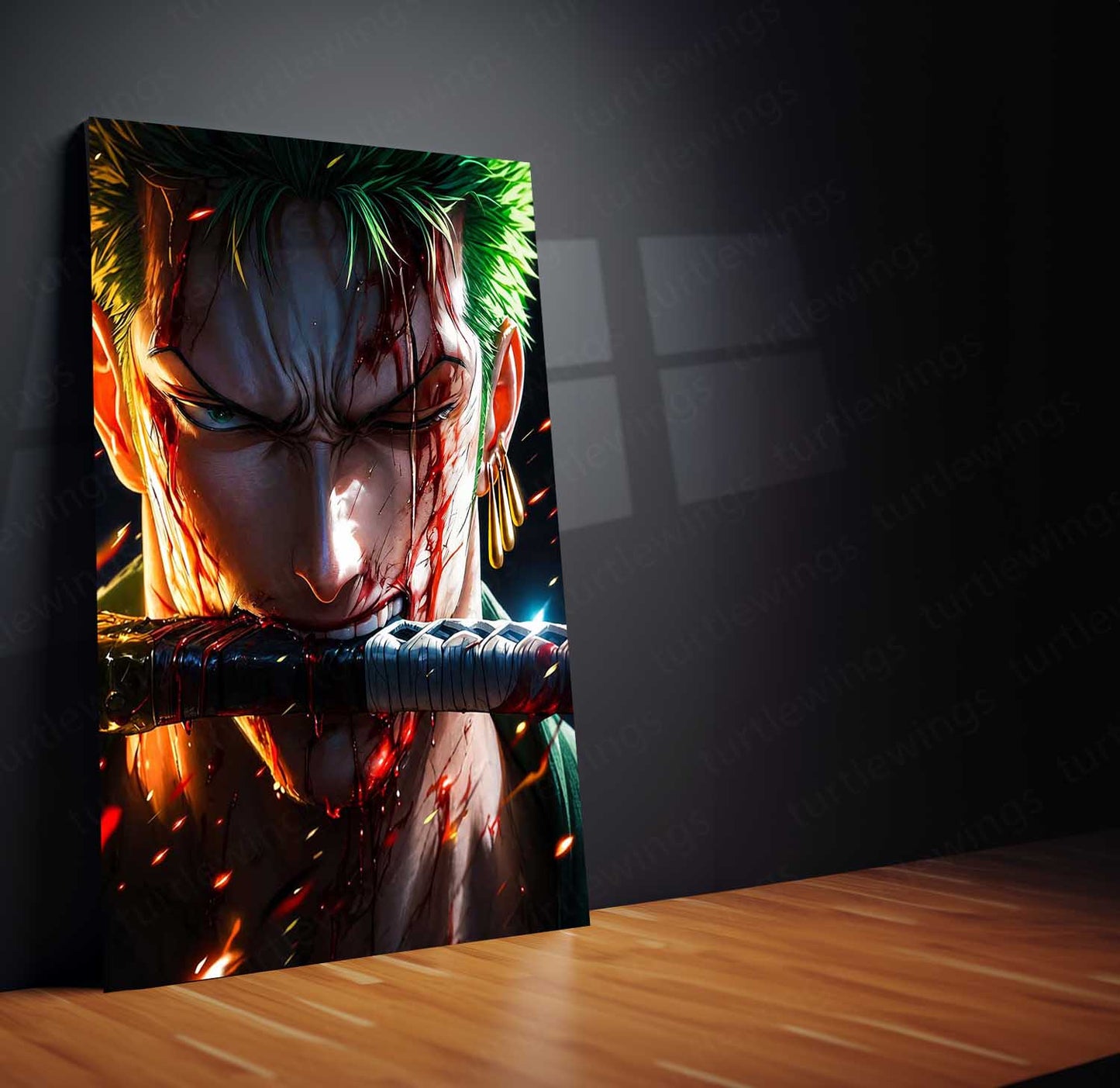 Anime Metal Poster | One Piece Metal Poster | Battle-Worn Roronoa Zoro Wall Art | Epic Three Sword Style Anime Metal Frame