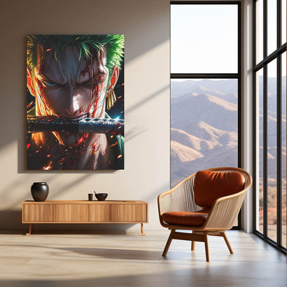 Anime Metal Poster | One Piece Metal Poster | Battle-Worn Roronoa Zoro Wall Art | Epic Three Sword Style Anime Metal Frame