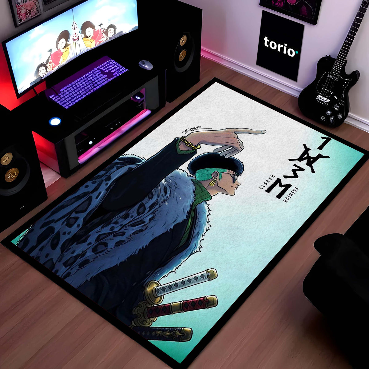 Roronoa Zoro One Piece Area Flat Rug | Minimal Anime Floor Mat | Pirate Hunter Zoro Modern Flat Rug for Bedroom, Gaming Room & Anime Decor