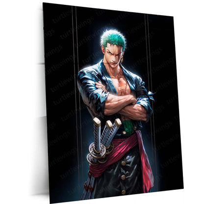 Anime Metal Poster | Roronoa Zoro Metal Poster | One Piece Anime Wall Art | Three Sword Style Warrior Frame | Zoro Premium Anime Decor - TURTLEWINGS