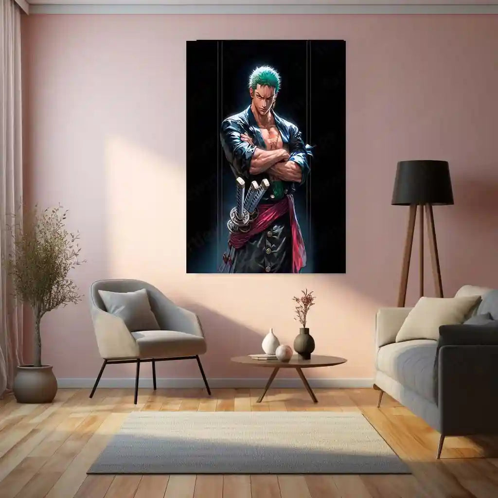 Anime Metal Poster | Roronoa Zoro Metal Poster | One Piece Anime Wall Art | Three Sword Style Warrior Frame | Zoro Premium Anime Decor - TURTLEWINGS