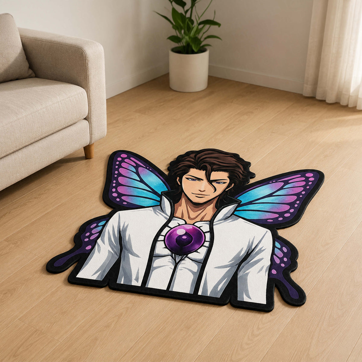 Sōsuke Aizen Butterfly Form Cut-out Flat Rug | Bleach Anime Flat Rug | Premium Soul Reaper Gaming Room Floor Decor