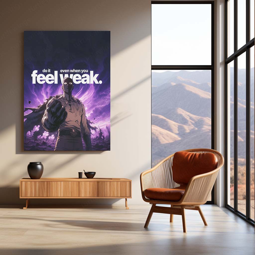 Anime Metal Poster | Saitama – Do It Even When You Feel Weak | One Punch Man Motivational Metal Frame | Strength & Discipline Anime Wall Art by TurtleWings