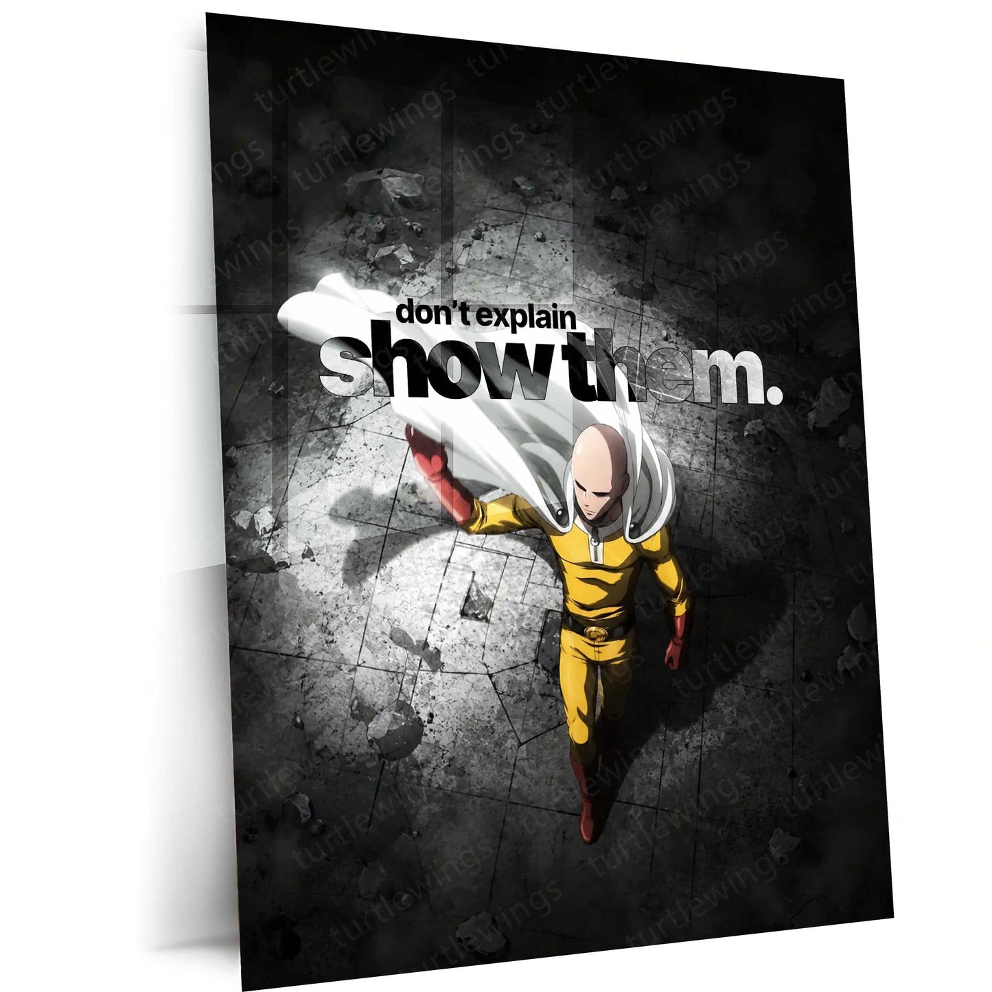 Anime Metal Poster | Saitama – Don’t Explain, Show Them | One Punch Man Motivational Metal Frame | Action & Results Anime Wall Art by TurtleWings