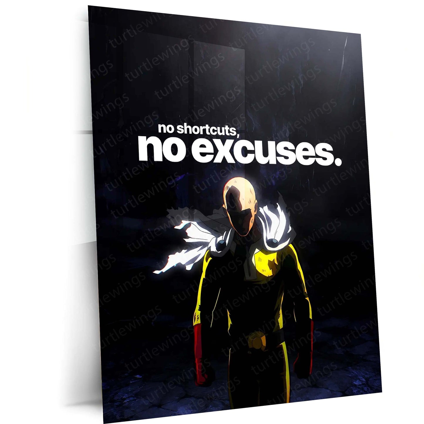 Anime Metal Poster | Saitama – No Shortcuts, No Excuses | One Punch Man Motivational Metal Frame | Discipline & Hard Work Anime Wall Art by TurtleWings