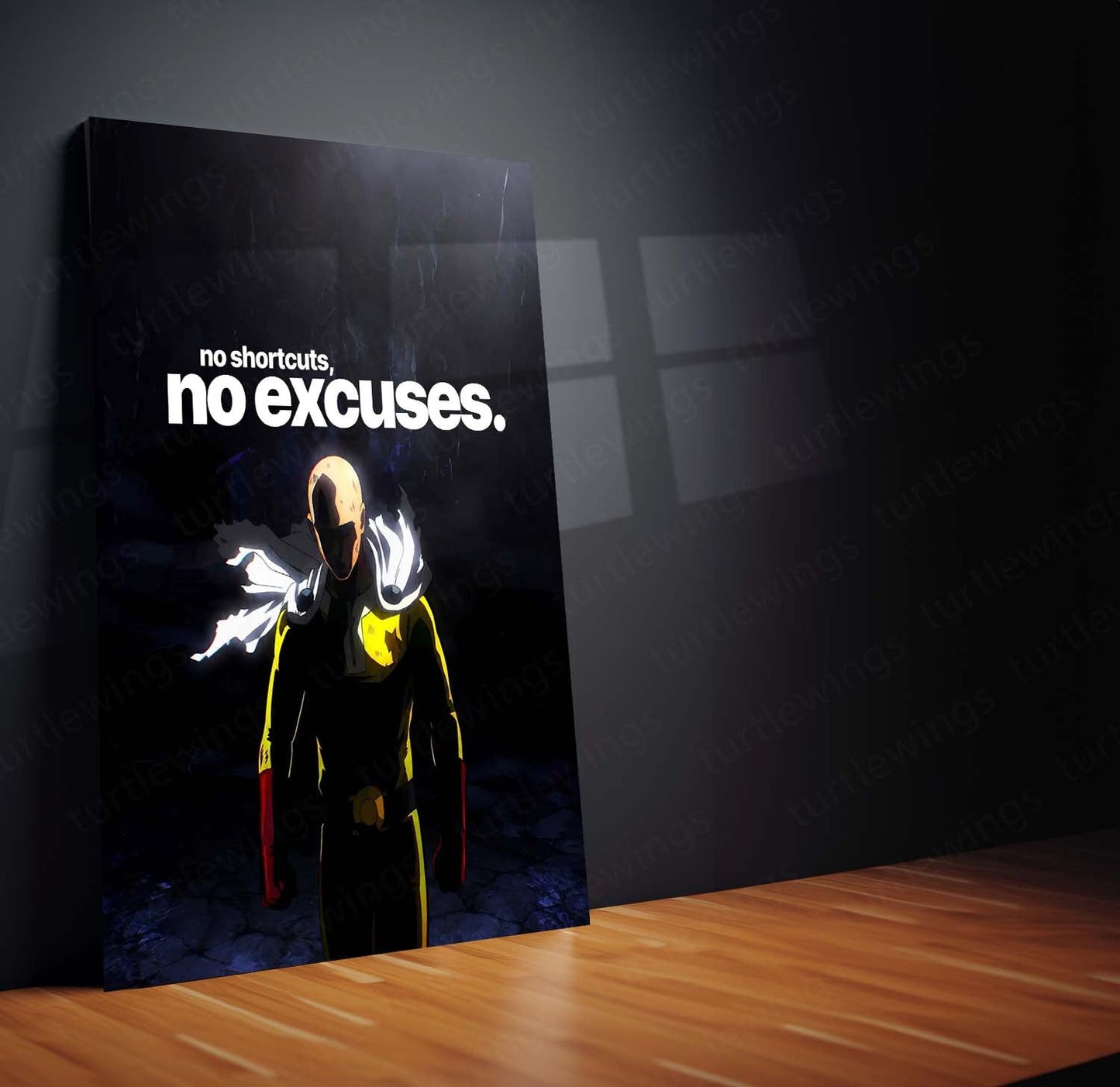 Anime Metal Poster | Saitama – No Shortcuts, No Excuses | One Punch Man Motivational Metal Frame | Discipline & Hard Work Anime Wall Art by TurtleWings