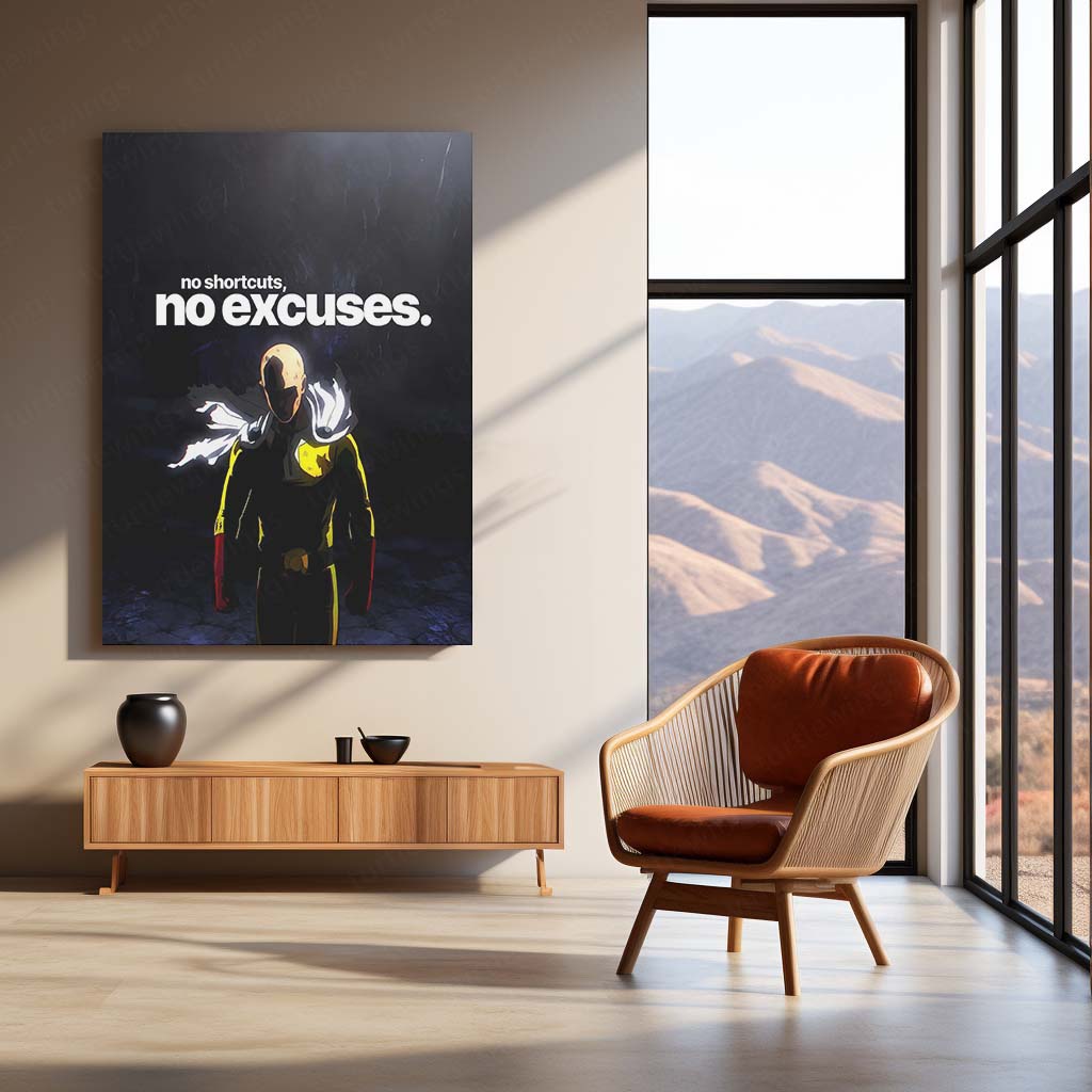 Anime Metal Poster | Saitama – No Shortcuts, No Excuses | One Punch Man Motivational Metal Frame | Discipline & Hard Work Anime Wall Art by TurtleWings