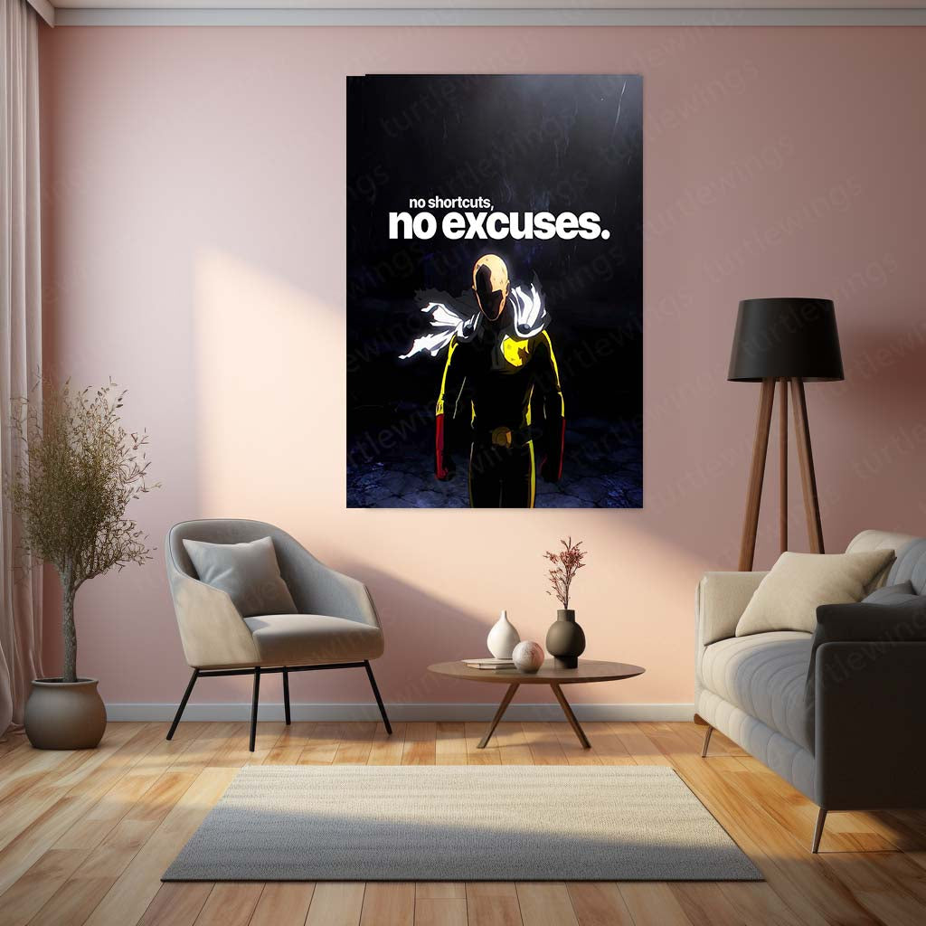 Anime Metal Poster | Saitama – No Shortcuts, No Excuses | One Punch Man Motivational Metal Frame | Discipline & Hard Work Anime Wall Art by TurtleWings