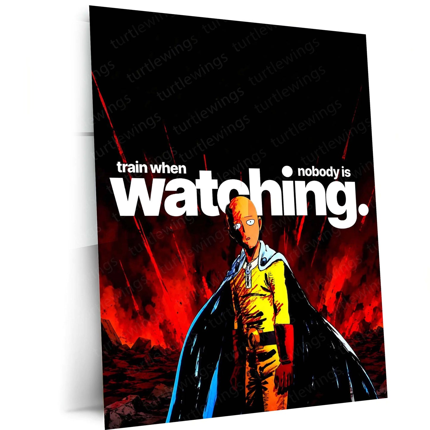 Anime Metal Poster | Saitama – Train When Nobody Is Watching | One Punch Man Motivational Metal Frame | Discipline & Consistency Anime Wall Art by TurtleWings